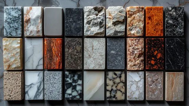 Grid of square stone, marble, granite, and brick-look tile samples in a softly lit display.