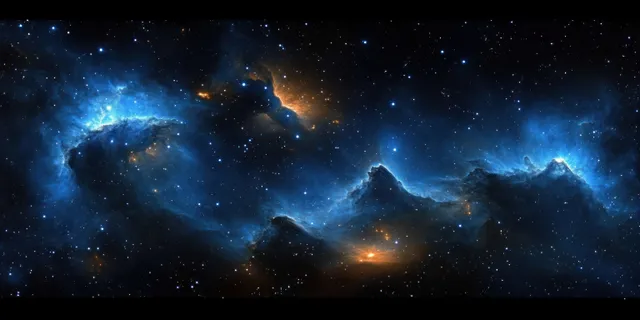 Panoramic blue nebula clouds glow across a star-filled sky with faint dust lanes and dark space contrast.