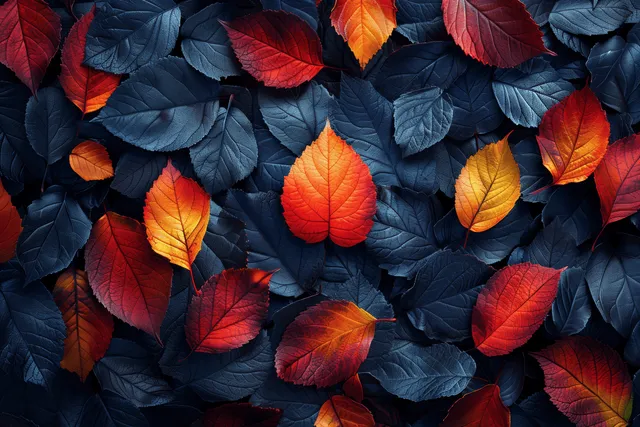 Autumn leaves scattered over dark surface with vivid red, orange, and yellow highlights