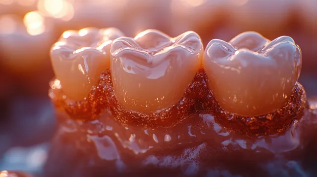 Glossy dental crown restoration sits on a molar with realistic tooth texture under warm soft lighting.