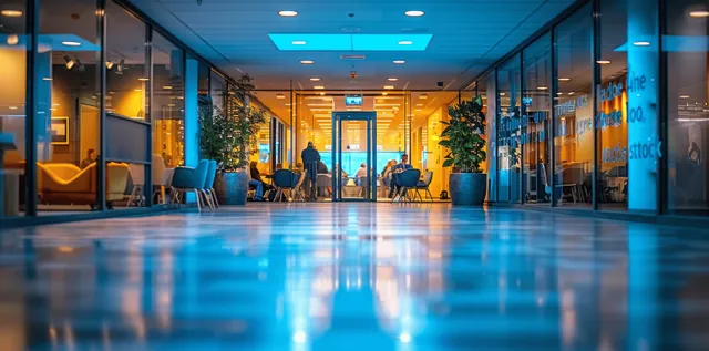 People sit in an office conference room for a meeting with blurred background and bright glass reflections.
