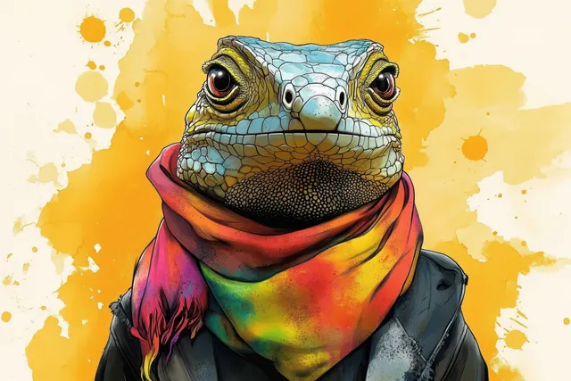 Colorful iguana portrait wearing a bright scarf against a soft yellow watercolor splash