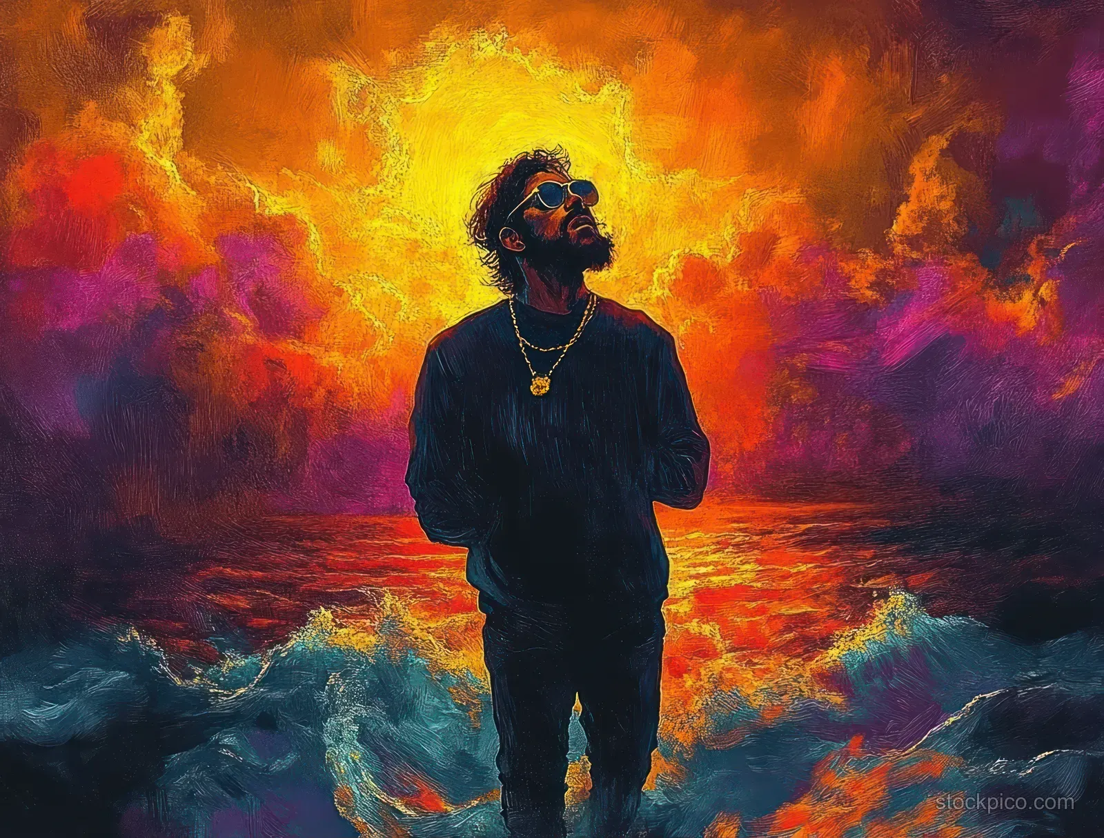 Silhouette of a man with sunglasses and necklace standing by a turbulent ocean under a fiery sunset sky.