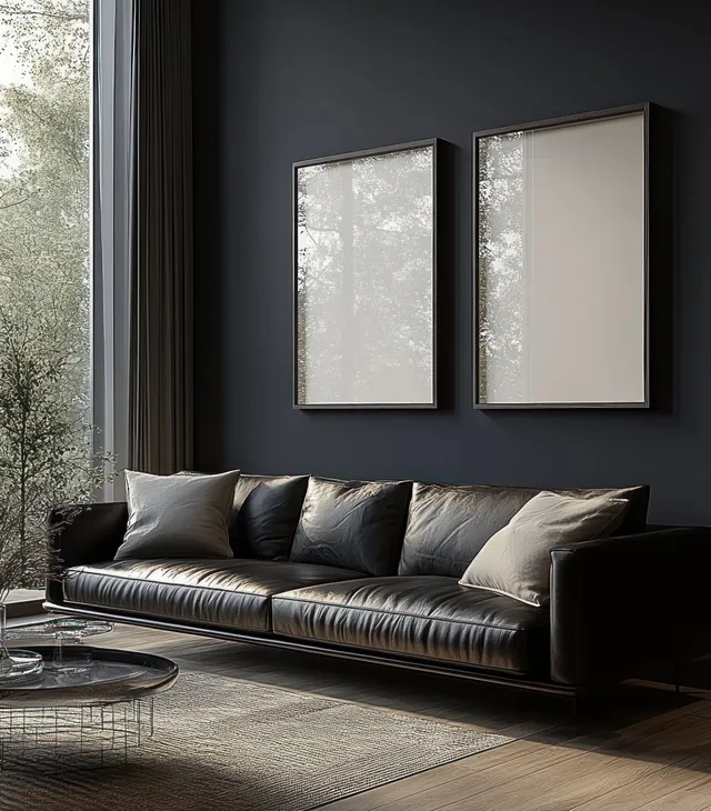 Black leather sofa below two empty framed artworks on a dark wall with natural light from a window.