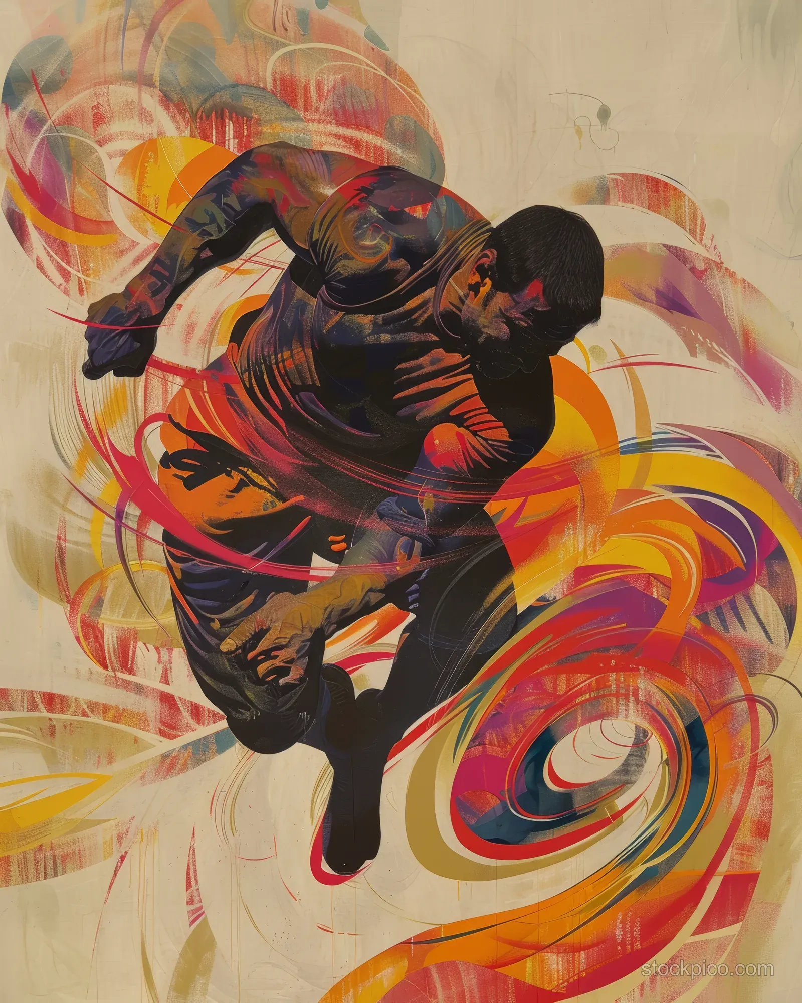 Two Greco-Roman wrestlers grapple amid swirling red, orange, and gold abstract motion shapes.