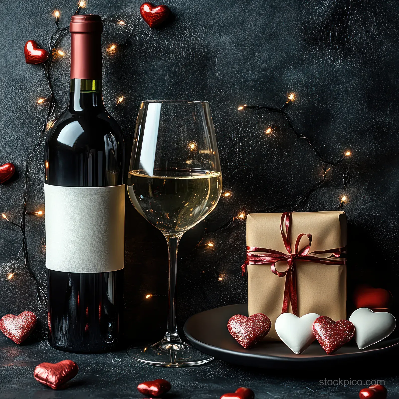 A wine bottle and white wine glass stand beside a wrapped gift with a red ribbon and sparkling hearts on a dark textured background.