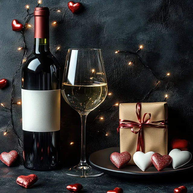 A wine bottle and white wine glass stand beside a wrapped gift with a red ribbon and sparkling hearts on a dark textured background.
