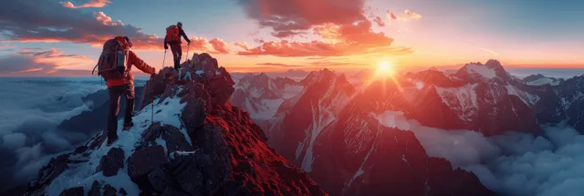 Hikers reach a snowy mountain summit at sunrise, surrounded by vibrant skies and dramatic clouds over panoramic alpine views.
