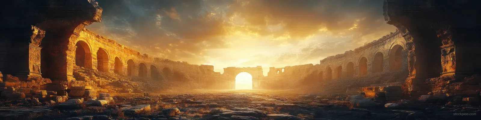 Sunset light shines through an ancient Roman colonnade onto an empty marble podium stage.