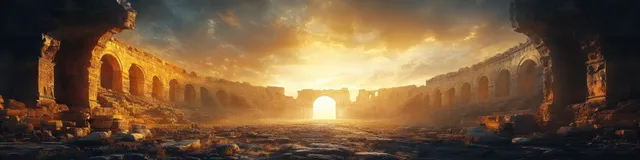 Sunset light shines through an ancient Roman colonnade onto an empty marble podium stage.