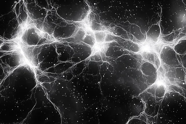 Neural-like glowing network of electric filaments branching across a starry dark background