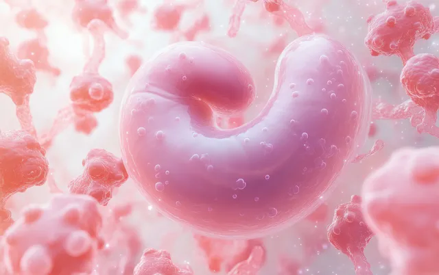 A glowing pastel stomach-like organ surrounded by floating biological cells and misty cellular clouds.
