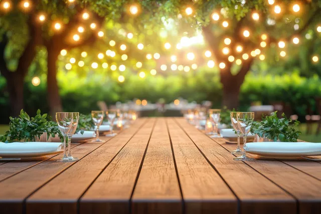 Outdoor wooden dining table set with wine glasses and plates under warm string lights