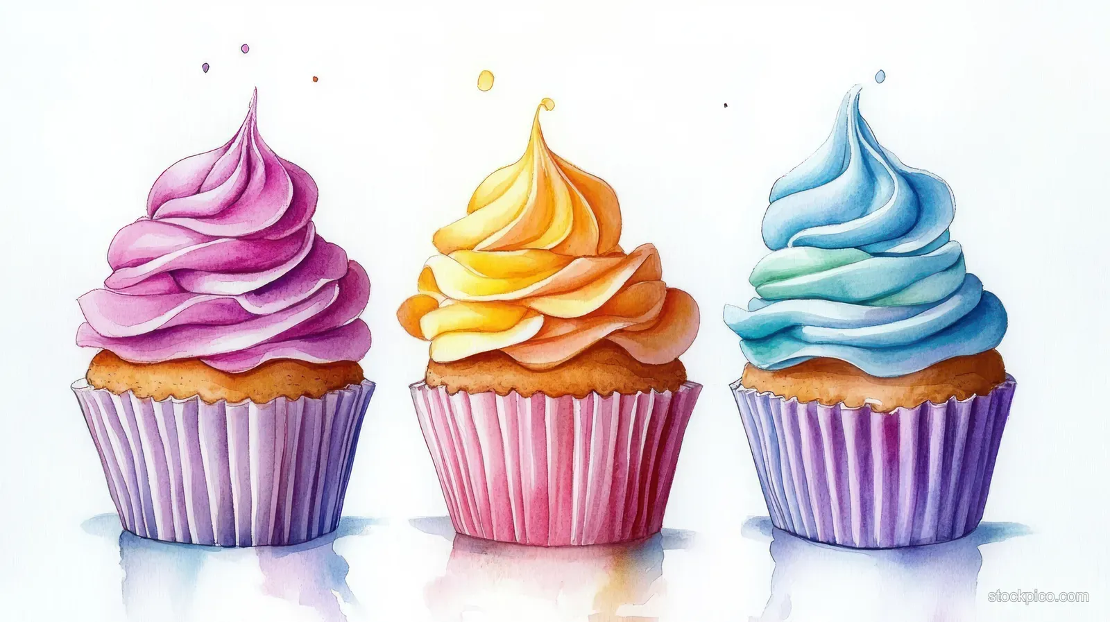 Three cupcakes with swirled pink, yellow, and blue icing on pastel wrappers against a bright background.