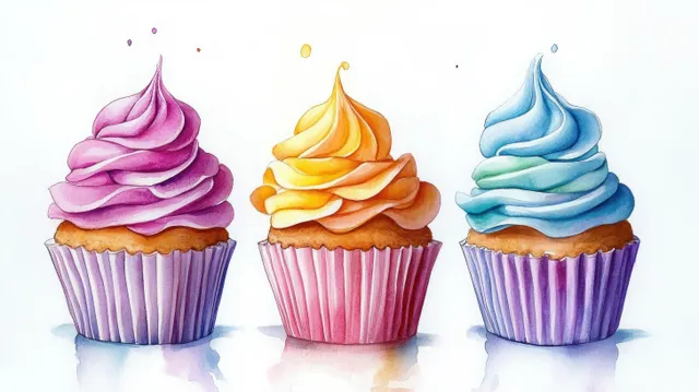 Three colorful frosted cupcakes with swirled icing on pastel wrappers
