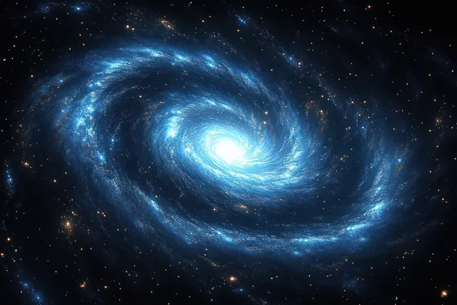 Blue spiral galaxy with a bright core and glowing dust lanes winding through a star-filled night sky.