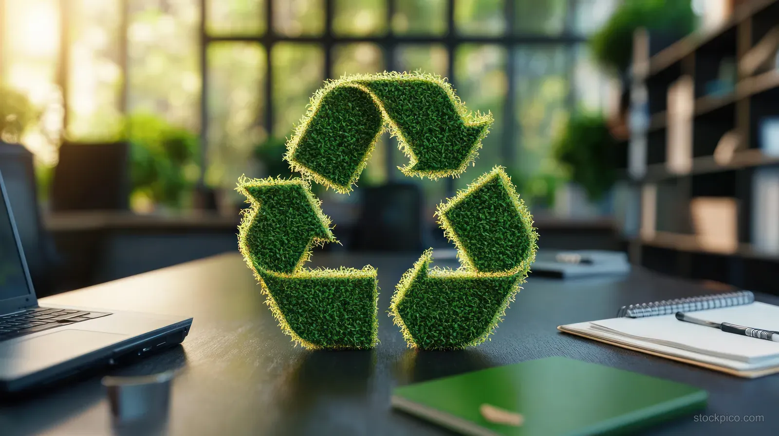 Grass-covered recycling symbol on an office desk beside a laptop and notebooks in bright natural light.