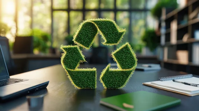 Grass-covered recycling symbol on an office desk beside a laptop and notebooks in bright natural light.