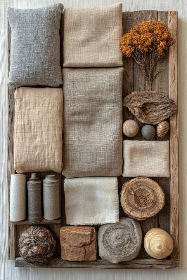 Neutral fabric swatches and stacked wood slices arranged on a styled board under soft natural light.