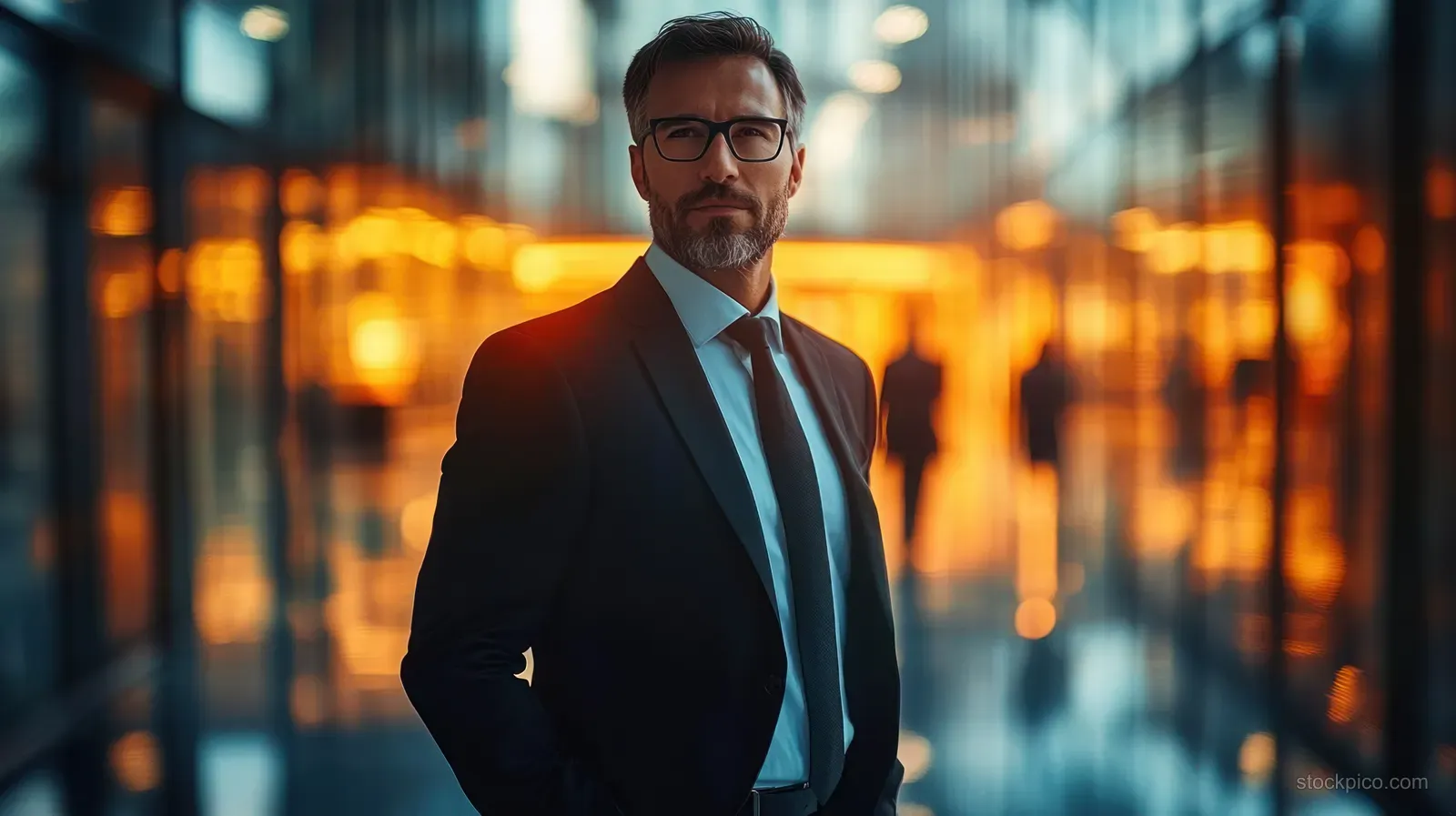 Confident suited businessman stands in a modern office corridor with warm city bokeh lights behind him.