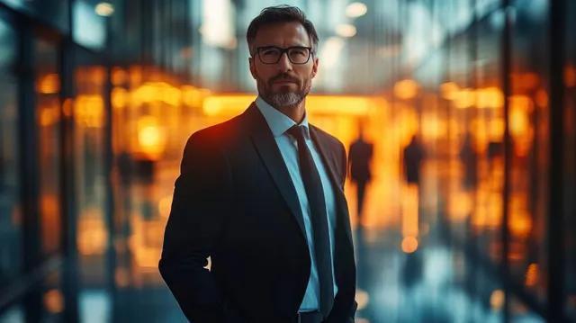 Confident businessman leads a team in a modern office with warm city bokeh backdrop