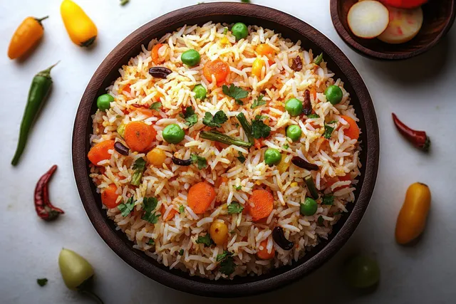Colorful vegetable fried rice with peas, carrots, herbs, and chili peppers in a bowl on a white surface with whole chilies around.