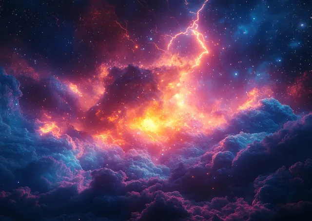 A bright supernova bursts among colorful nebula clouds in deep space.
