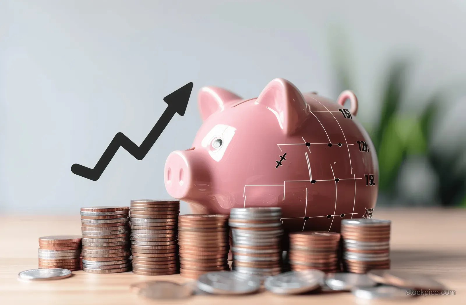 Pink piggy bank beside stacked coins with a black upward arrow indicating savings growth on a desk.