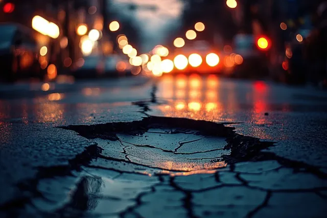 A cracked wet asphalt road at twilight with distant traffic lights reflected on the pavement.