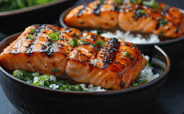 Closeup Japanese grilled salmon over rice bowls with char marks on dark studio table
