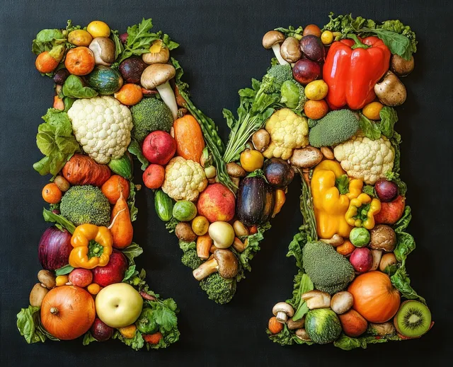 Letter M artwork assembled from cauliflower, peppers, broccoli, carrots, mushrooms, and leafy greens on a black background.