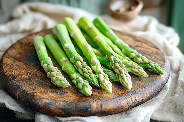 Fresh green asparagus spears arranged on a rustic wooden cutting board with Kitchen Still Life