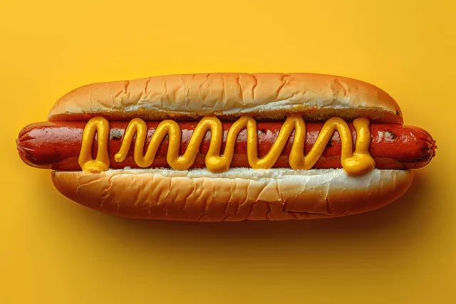 Top-down hot dog with mustard on a bright yellow background in a flat-lay arrangement.