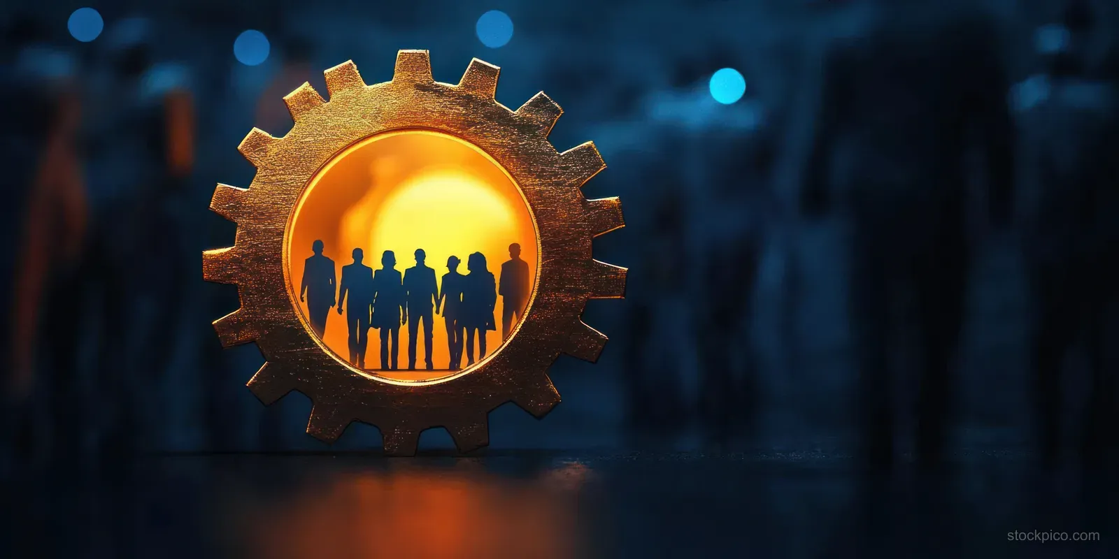 Silhouetted team stands inside a glowing orange gear icon against a dark blue blurred background.