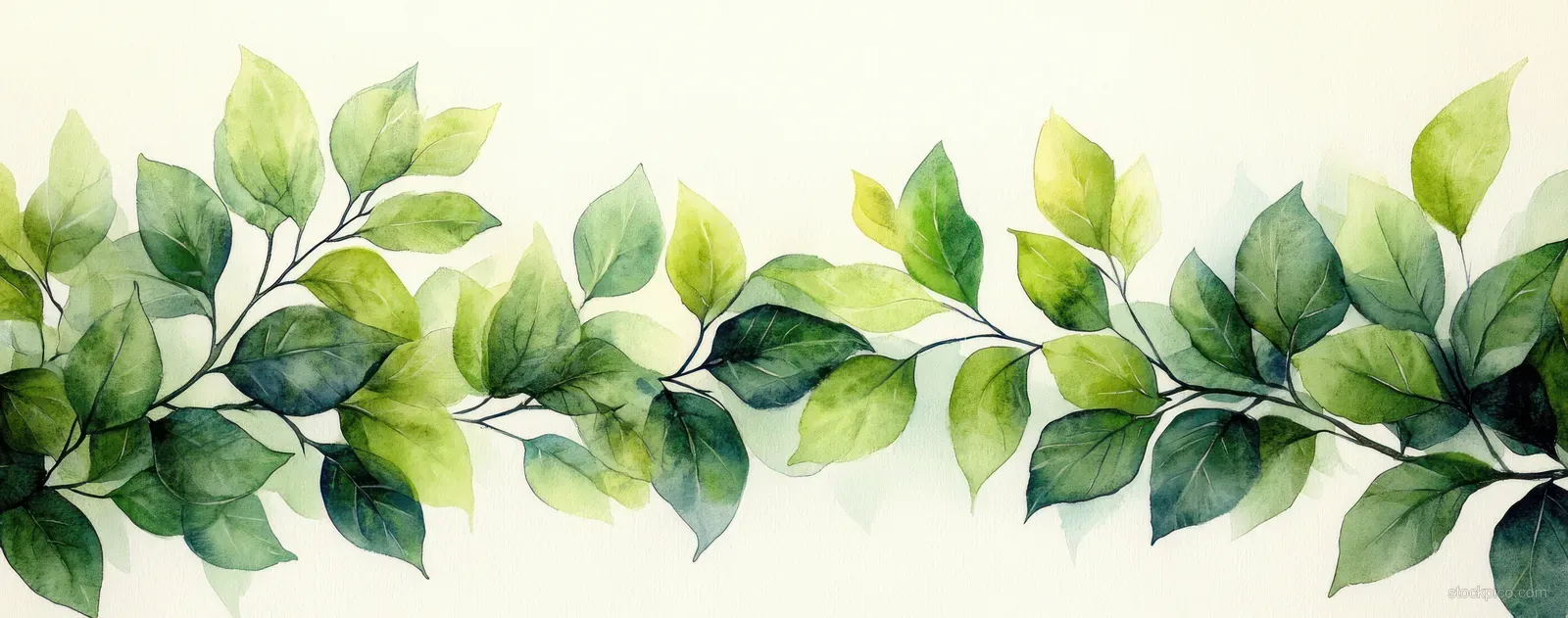 Watercolor green leaf border with layered foliage branches across a light background.