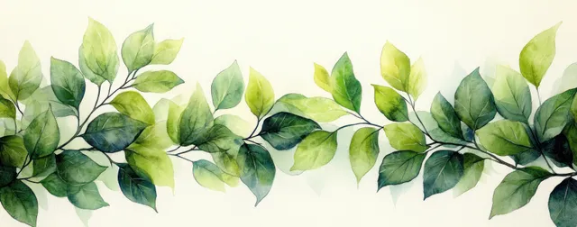 Watercolor green leaf border with layered foliage branches across a light background.