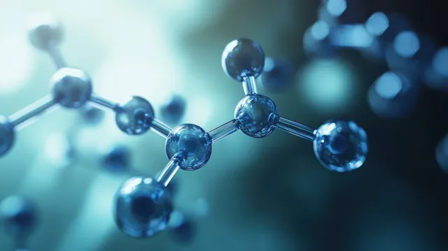 Glowing 3D molecular chain of atom spheres connected by bonds in a soft blue science background.