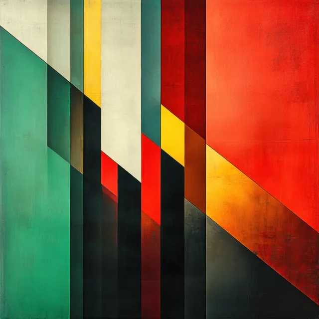 Abstract geometric stripes in red green yellow with sharp triangular shadows