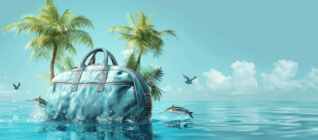 Blue travel bag positioned above a tropical ocean scene with palm trees and splashing water.