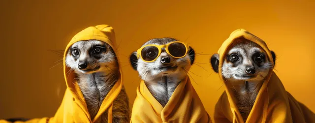 Three meerkats in yellow hoodies wearing sunglasses posed in a bright yellow scene