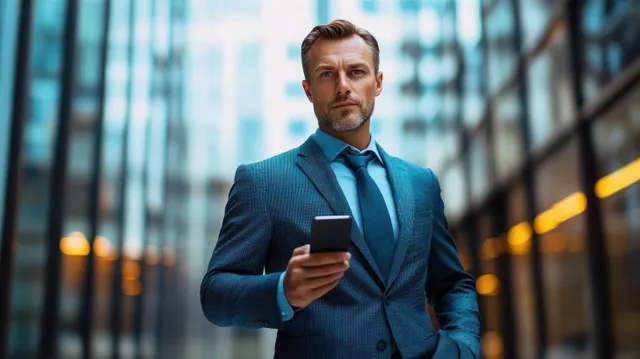 Man in a blue suit holds a smartphone while standing in a modern glass office corridor with blurred lights behind.