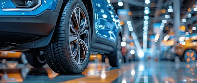 Blue SUV front wheel and tire on a showroom floor with blurred lights and other cars behind.