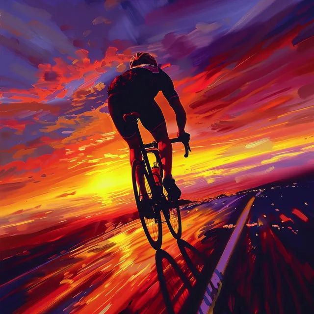 Silhouette of a British cyclist sprinting on a road bike against a vibrant orange-purple sunset sky.