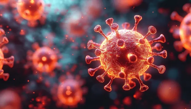 Multiple glowing spiky virus particles float in a dark bluish background with orange and red highlights.