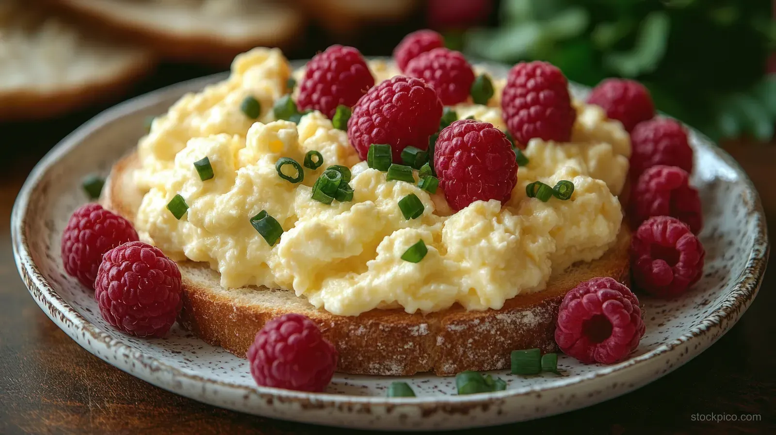 Creamy scrambled eggs on toast topped with raspberries and chopped green herbs on a rustic plate.