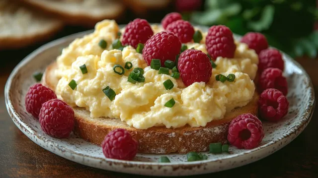 Creamy scrambled eggs on toast topped with raspberries and chopped green herbs on a rustic plate.
