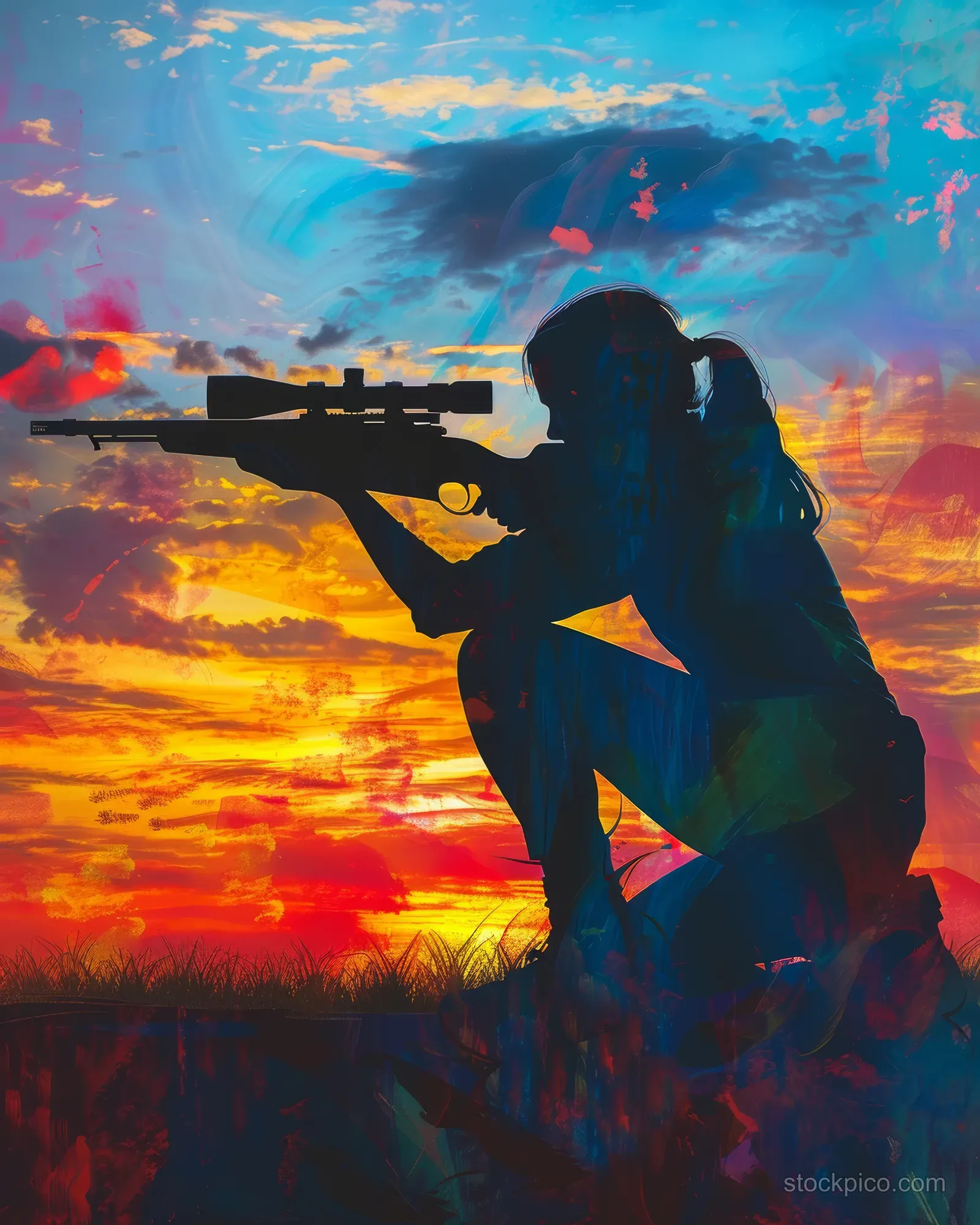 Silhouette of a female rifle shooter aiming against a colorful sunset sky.