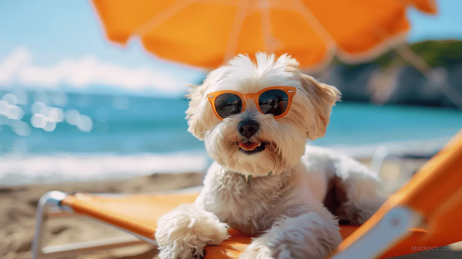 A white Havanese dog lounges on a beach chair wearing sunglasses under an umbrella near the ocean.