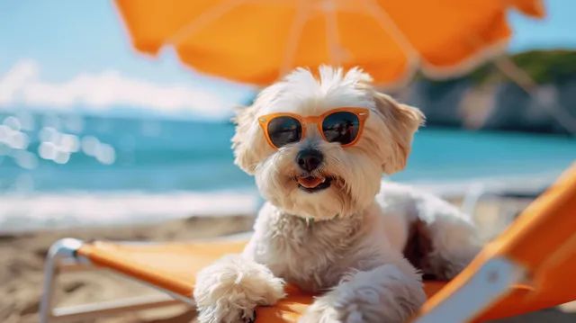 A white Havanese dog lounges on a beach chair wearing sunglasses under an umbrella near the ocean.