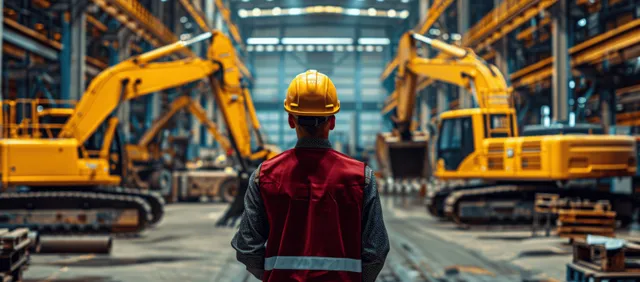 Technician wearing a hard hat stands in an industrial workshop using a tablet to monitor robotic equipment.